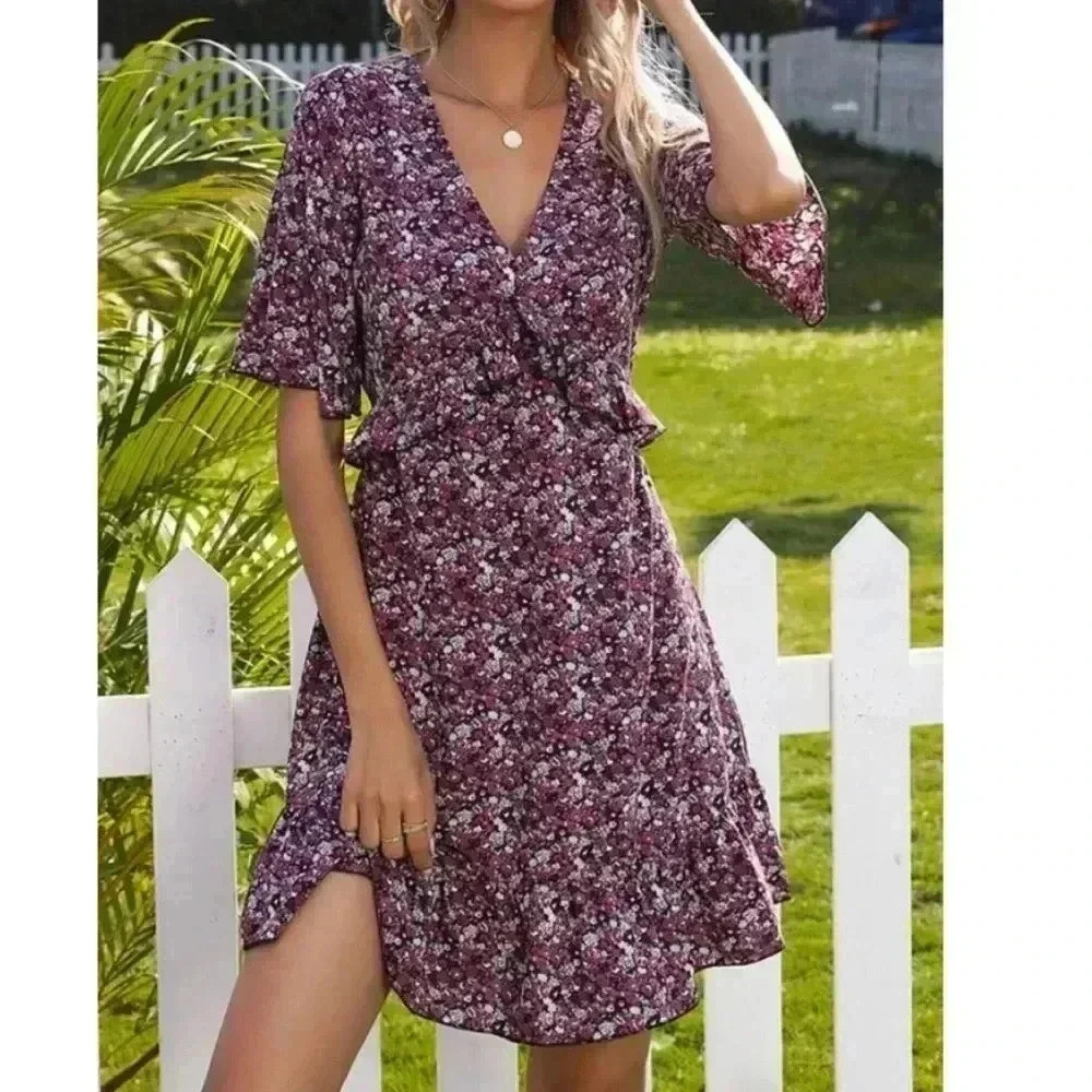 🆕Floral Ruffle Back-Cutout V-Neck Dress XL🆕